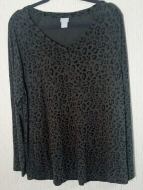 Chico's Dark Gray Leopard V-Neck Long Sleeve Top, Animal Print, Comfort, Cozy, C